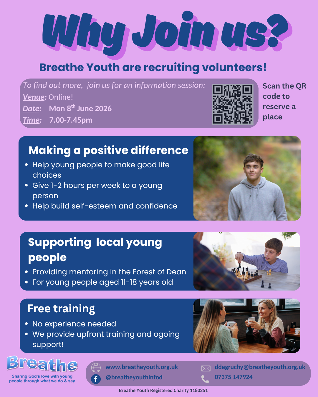 Breathe Youth Volunteer Recruitment information workshop. Monday 8th June 7-7.45pm. Contact ddegruchy@breatheyouth.org.uk or call 07375 147924